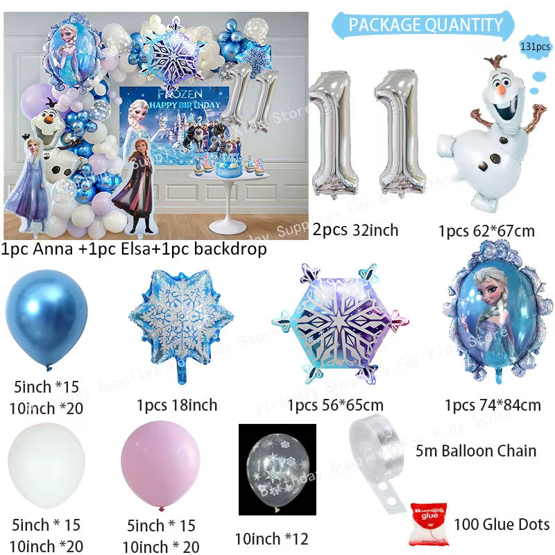Frozen Birthday Party Decoration Set Anna Elsa Olaf Snowflake Banner Backdrop Balloons Kit Foil Garland Arch Balloon Baby Shower
