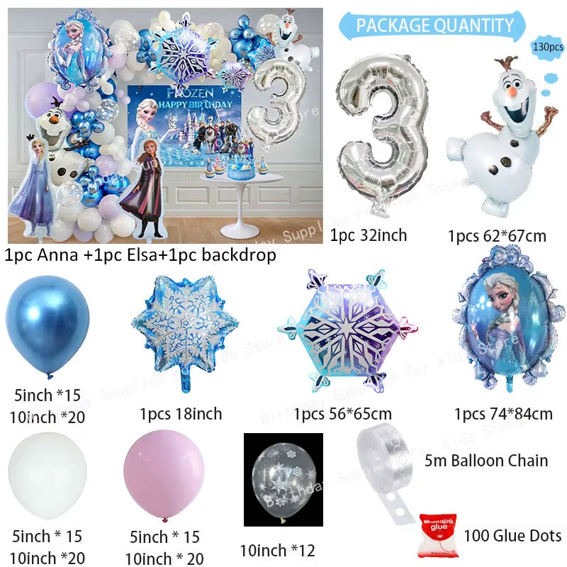 Frozen Birthday Party Decoration Set Anna Elsa Olaf Snowflake Banner Backdrop Balloons Kit Foil Garland Arch Balloon Baby Shower