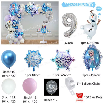Frozen Birthday Party Decoration Set Anna Elsa Olaf Snowflake Banner Backdrop Balloons Kit Foil Garland Arch Balloon Baby Shower