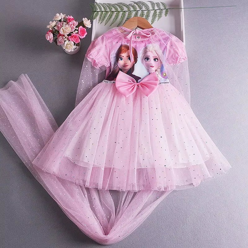 Frozen Elsa Princess Dress with Cape Girls Dress Summer Kids Short Sleeve for Children'S Western Style Frozen Party Costume 2-8Y