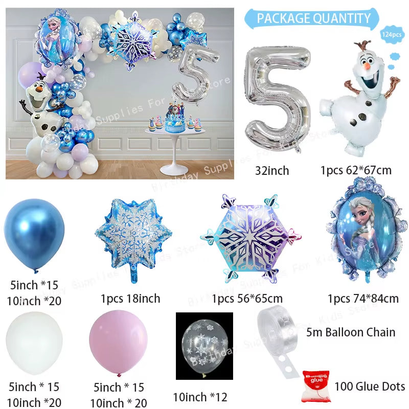 Frozen Birthday Party Decoration Set Anna Elsa Olaf Snowflake Banner Backdrop Balloons Kit Foil Garland Arch Balloon Baby Shower