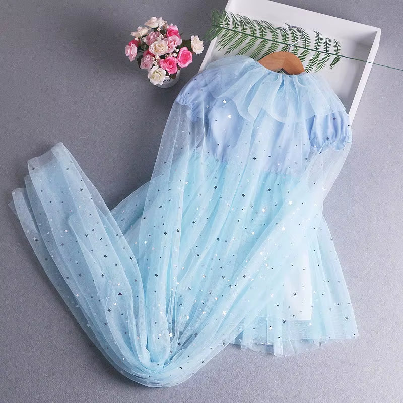 Frozen Elsa Princess Dress with Cape Girls Dress Summer Kids Short Sleeve for Children'S Western Style Frozen Party Costume 2-8Y