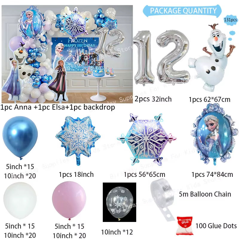 Frozen Birthday Party Decoration Set Anna Elsa Olaf Snowflake Banner Backdrop Balloons Kit Foil Garland Arch Balloon Baby Shower