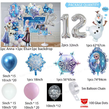 Frozen Birthday Party Decoration Set Anna Elsa Olaf Snowflake Banner Backdrop Balloons Kit Foil Garland Arch Balloon Baby Shower
