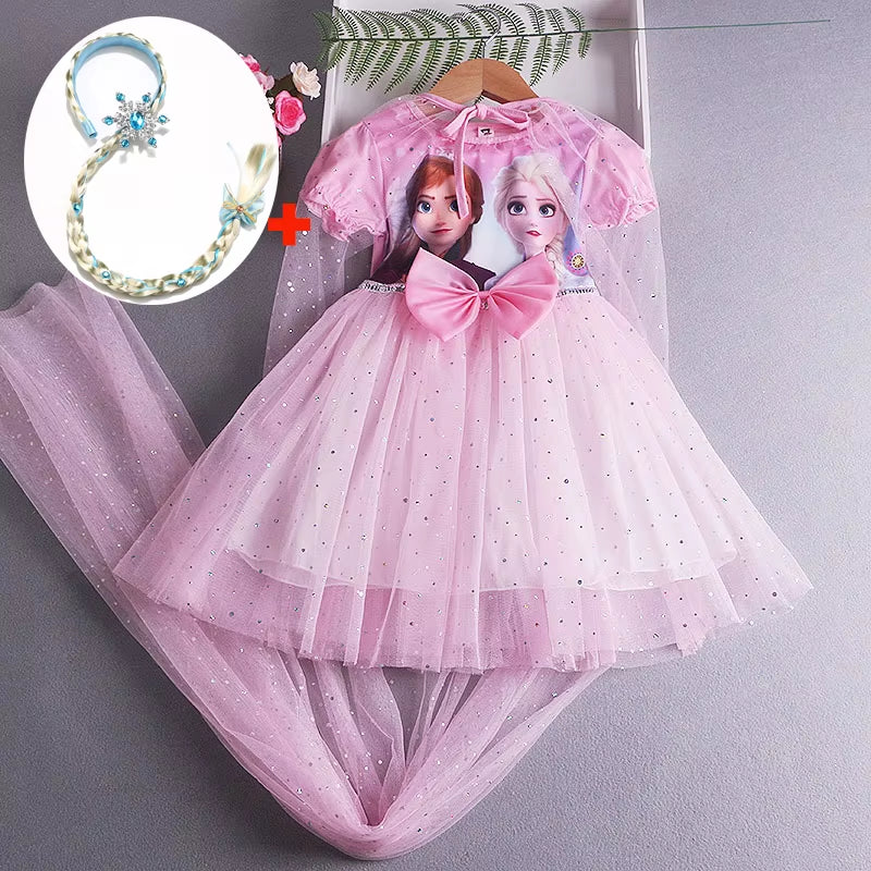 Frozen Elsa Princess Dress with Cape Girls Dress Summer Kids Short Sleeve for Children'S Western Style Frozen Party Costume 2-8Y