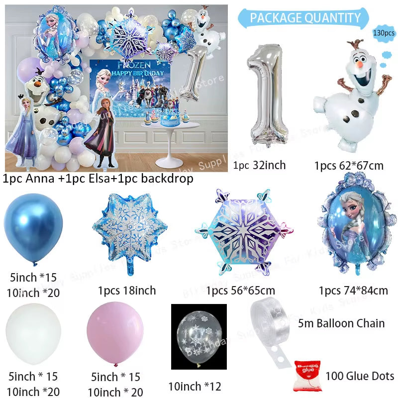 Frozen Birthday Party Decoration Set Anna Elsa Olaf Snowflake Banner Backdrop Balloons Kit Foil Garland Arch Balloon Baby Shower