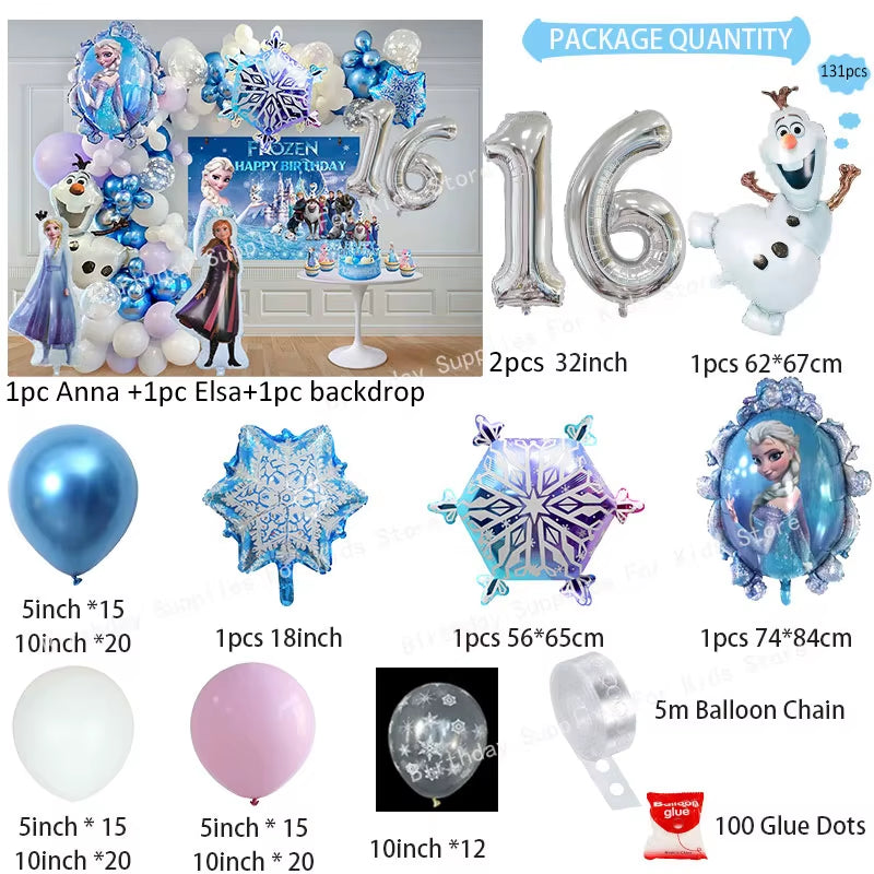Frozen Birthday Party Decoration Set Anna Elsa Olaf Snowflake Banner Backdrop Balloons Kit Foil Garland Arch Balloon Baby Shower