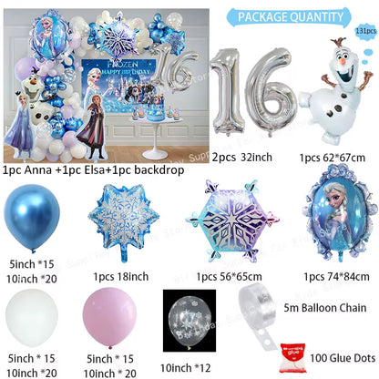 Frozen Birthday Party Decoration Set Anna Elsa Olaf Snowflake Banner Backdrop Balloons Kit Foil Garland Arch Balloon Baby Shower
