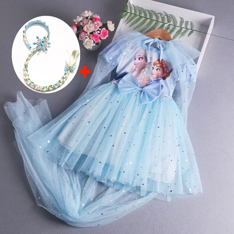 Frozen Elsa Princess Dress with Cape Girls Dress Summer Kids Short Sleeve for Children'S Western Style Frozen Party Costume 2-8Y