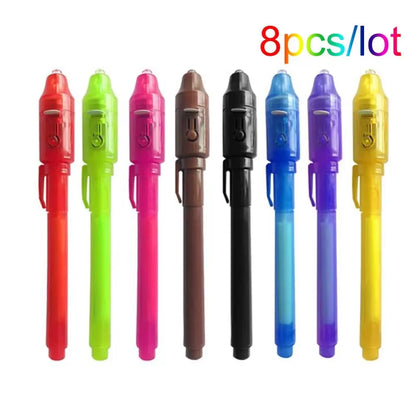 8Pcs/Lot 2 in 1 Magic Light Pen Invisible Ink Pen,Secrect Message Pens,For Drawing Fun Activity Kids Party Favors Gift