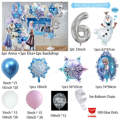 Frozen Birthday Party Decoration Set Anna Elsa Olaf Snowflake Banner Backdrop Balloons Kit Foil Garland Arch Balloon Baby Shower