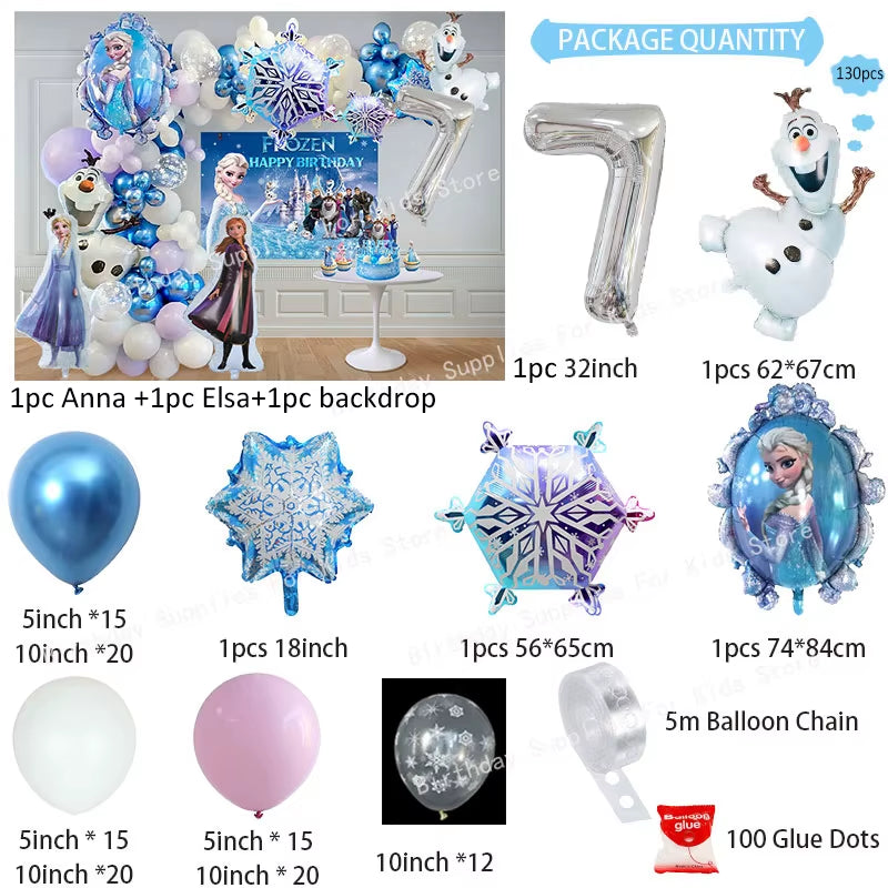 Frozen Birthday Party Decoration Set Anna Elsa Olaf Snowflake Banner Backdrop Balloons Kit Foil Garland Arch Balloon Baby Shower
