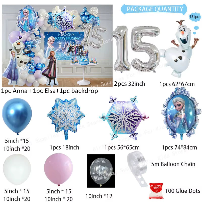 Frozen Birthday Party Decoration Set Anna Elsa Olaf Snowflake Banner Backdrop Balloons Kit Foil Garland Arch Balloon Baby Shower