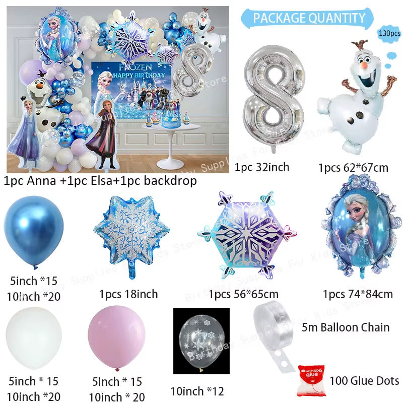 Frozen Birthday Party Decoration Set Anna Elsa Olaf Snowflake Banner Backdrop Balloons Kit Foil Garland Arch Balloon Baby Shower