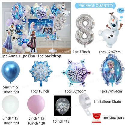 Frozen Birthday Party Decoration Set Anna Elsa Olaf Snowflake Banner Backdrop Balloons Kit Foil Garland Arch Balloon Baby Shower