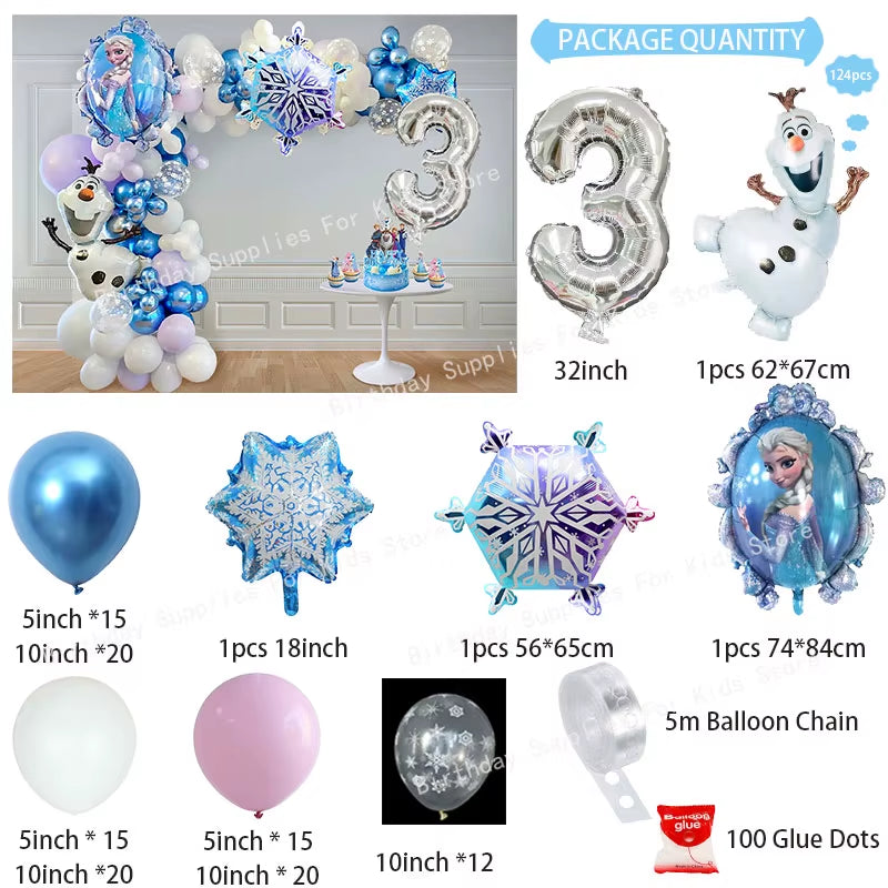 Frozen Birthday Party Decoration Set Anna Elsa Olaf Snowflake Banner Backdrop Balloons Kit Foil Garland Arch Balloon Baby Shower