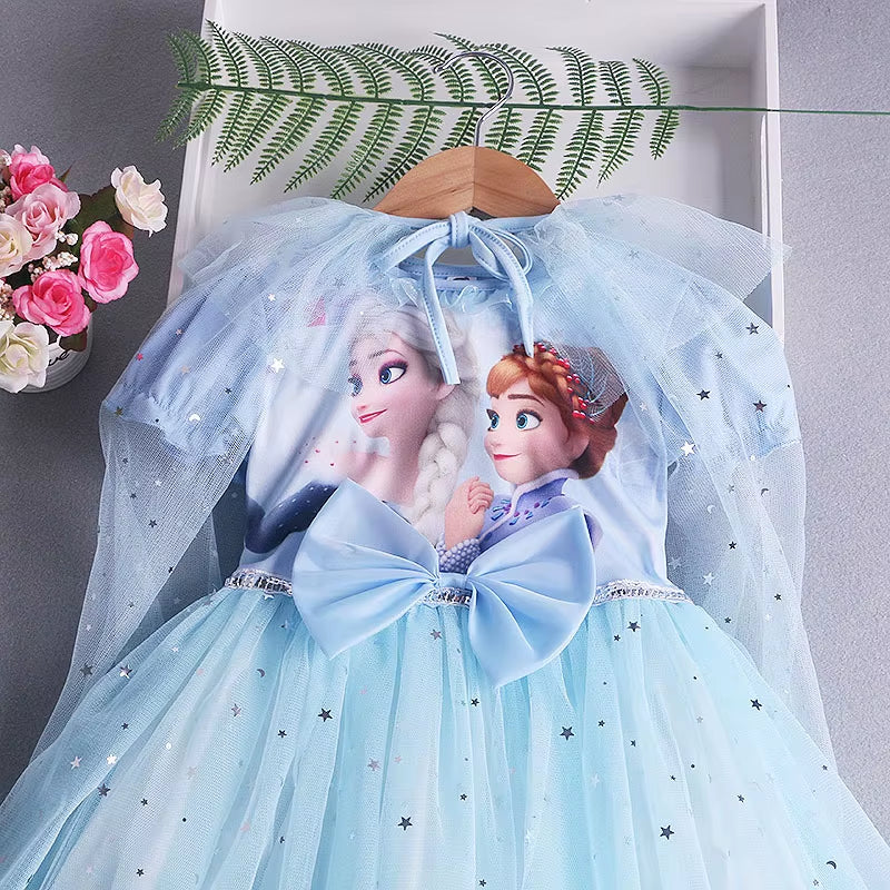 Frozen Elsa Princess Dress with Cape Girls Dress Summer Kids Short Sleeve for Children'S Western Style Frozen Party Costume 2-8Y