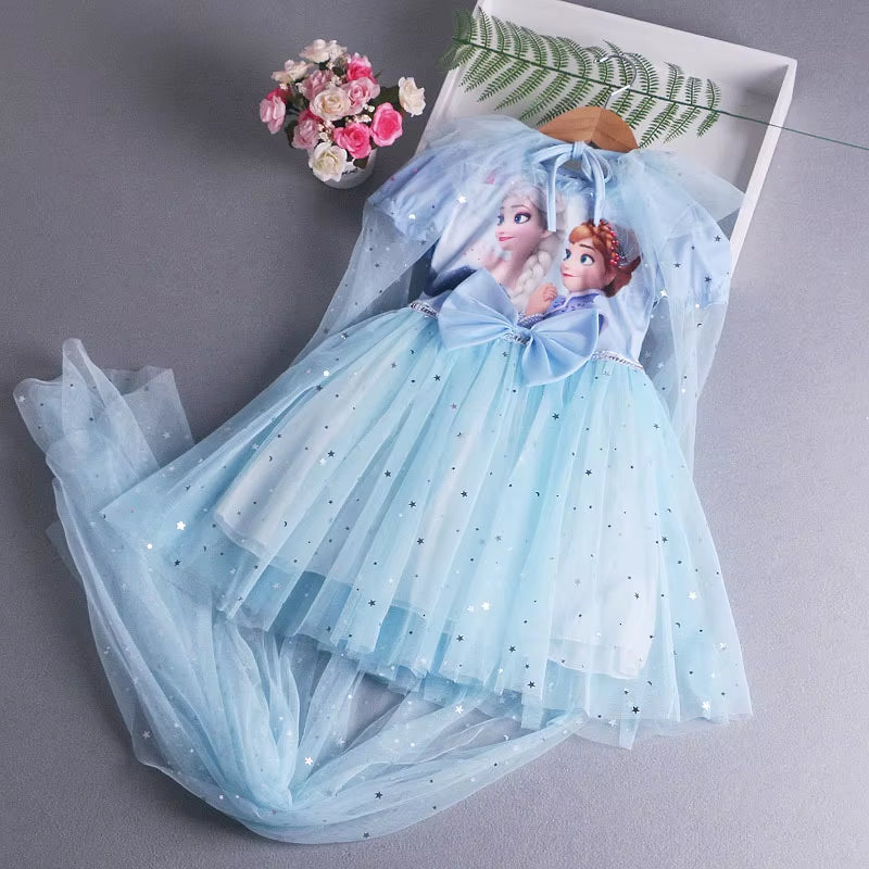 Frozen Elsa Princess Dress with Cape Girls Dress Summer Kids Short Sleeve for Children'S Western Style Frozen Party Costume 2-8Y